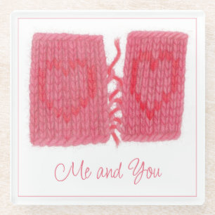 TWO HEARTS KNIT Glass Beverage Coaster + Text