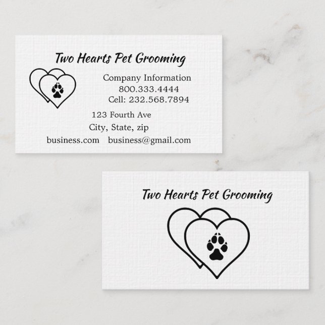 Two Hearts Love Animals Pet Business Business Card (Front/Back)