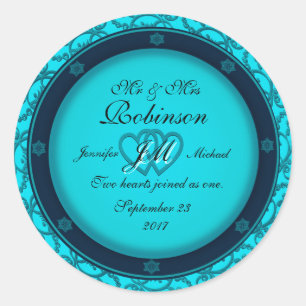 Two Hearts Monogram Blue Glowing Classic Round Sticker