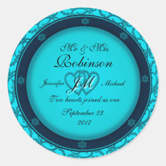 Two Hearts Monogram Blue Glowing Classic Round Sticker