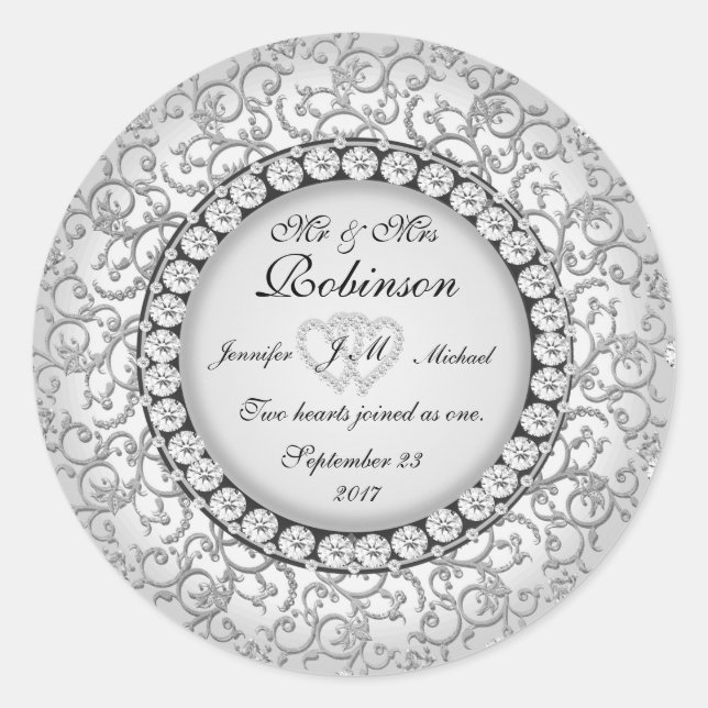 Two Hearts Monogram Wedding Pattern Classic Round Sticker (Front)
