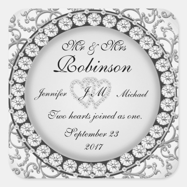 Two Hearts Monogram Wedding Pattern Square Sticker (Front)