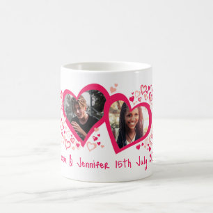 Two hearts name date wedding photo pink red mug