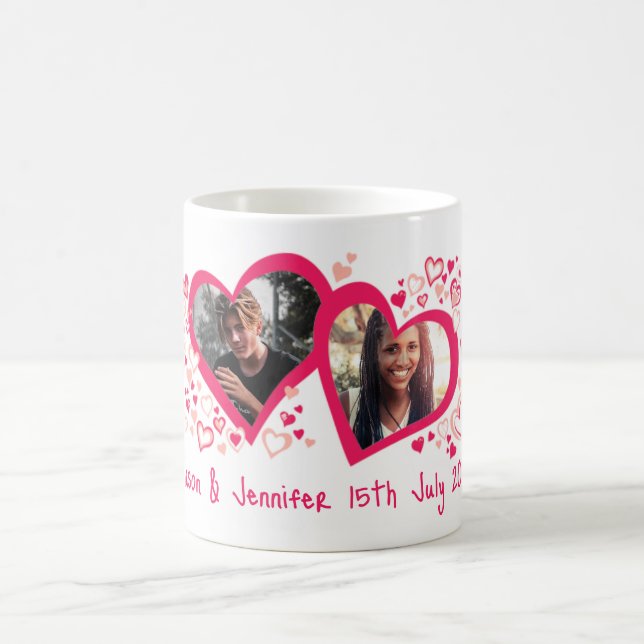 Two hearts name date wedding photo pink red mug (Center)