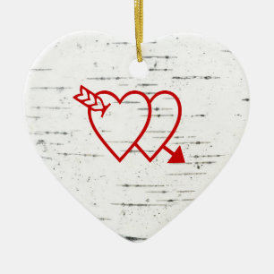 Two hearts on a birch bark ceramic tree decoration