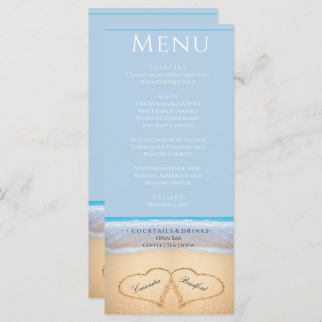 Two hearts on the Beach Wedding Dusty Blue Menu (Front/Back)
