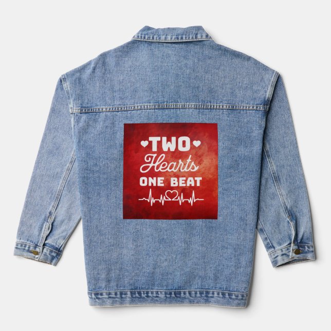 Two hearts. One Beat (white text) Valentine's  Denim Jacket (Back)