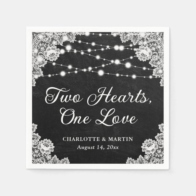 Two Hearts One Love Black Chalkboard Wedding Napkin (Front)