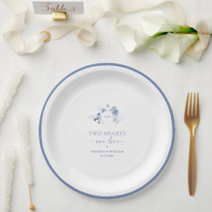 Two Hearts · One Love Dusty Blue Wedding Paper Plate