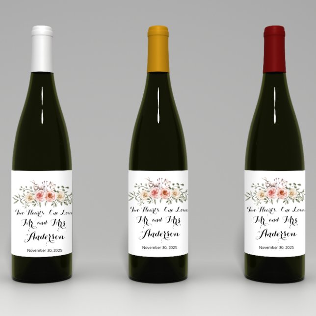 Two Hearts One Love Pink Cream Roses Wine Label (Creator Uploaded)