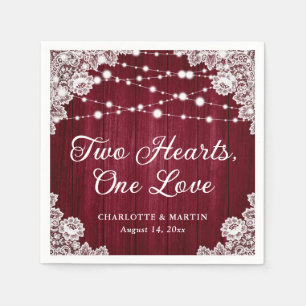 Two Hearts One Love Rustic Wood Burgundy Wedding Napkin