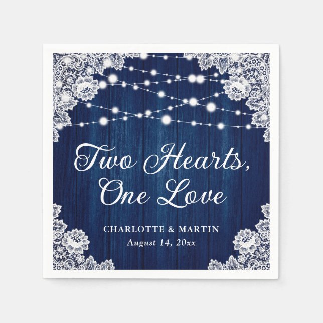 Two Hearts One Love Rustic Wood Navy Blue Wedding Napkin (Front)