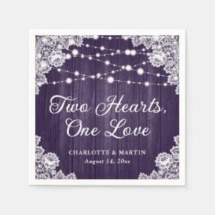 Two Hearts One Love Rustic Wood Purple Wedding Napkin