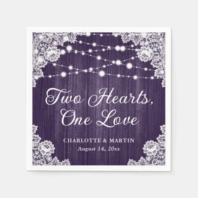 Two Hearts One Love Rustic Wood Purple Wedding Napkin (Front)