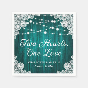 Two Hearts One Love Rustic Wood Teal Wedding Napkin