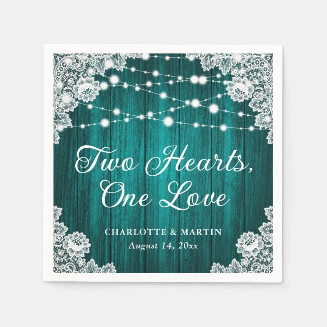 Two Hearts One Love Rustic Wood Teal Wedding Napkin (Front)