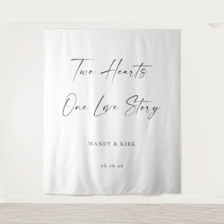 Two Hearts, One Love Story Wedding Backdrop Banner Tapestry