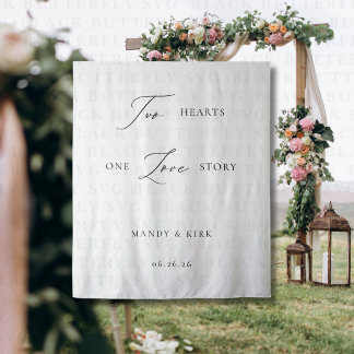 Two Hearts, One Love Story Wedding Backdrop Banner Tapestry
