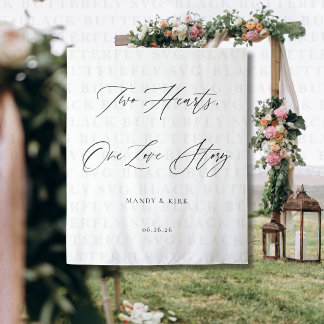 Two Hearts, One Love Story Wedding Backdrop Banner Tapestry