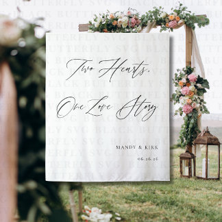 Two Hearts, One Love Story Wedding Backdrop Banner Tapestry