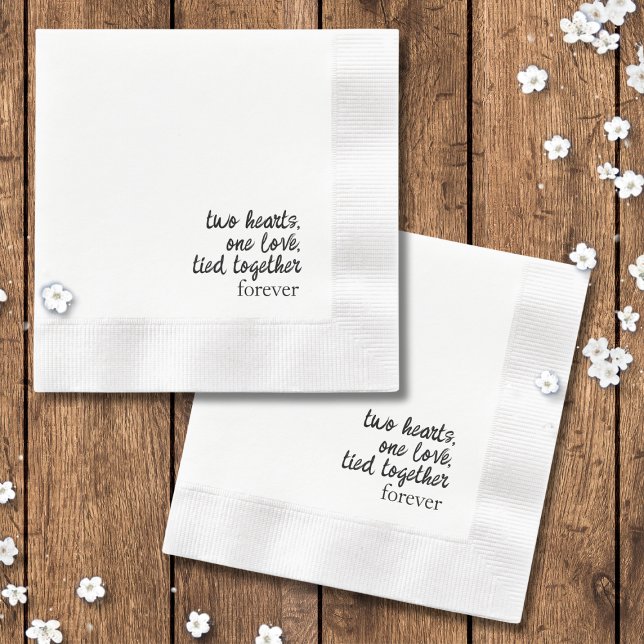 Two Hearts One Love Tied Together Bow Knot Wedding Napkin ( Two Hearts One Love Tied Together black white simple minimalist Wedding love poem Napkins decor)