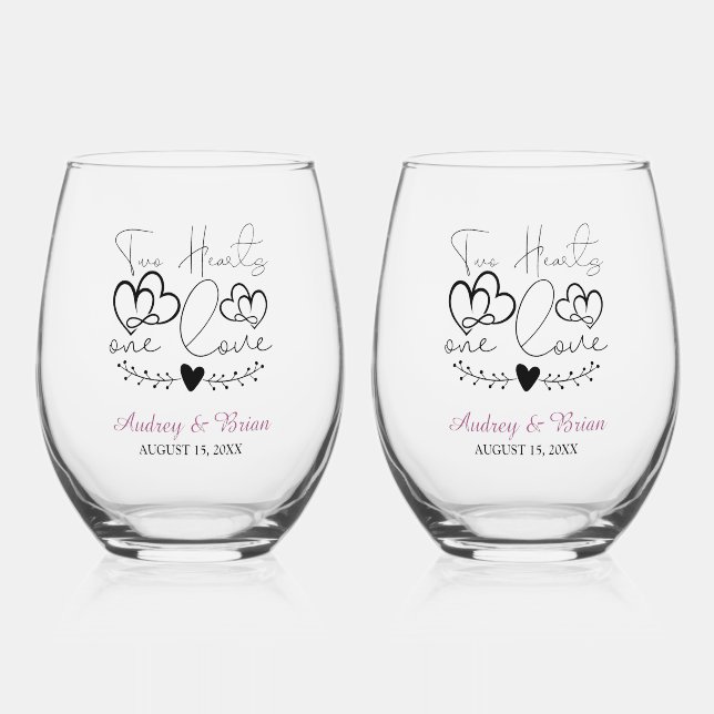 Two Hearts One Love Wedding Keepsake Stemless Wine Glass (Front)