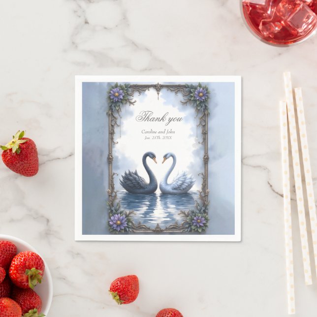Two Hearts, One Reflection – Romantic Swan Wedding Napkin (Insitu)