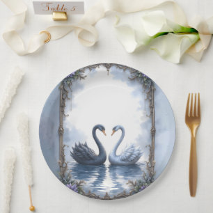 Two Hearts, One Reflection – Romantic Swan Wedding Paper Plate