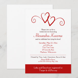 Two Hearts Red Swirl Bridal Shower Invitation
