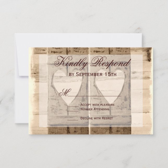 Two Hearts Rustic Shutters Wedding RSVP Cards. Card (Front)