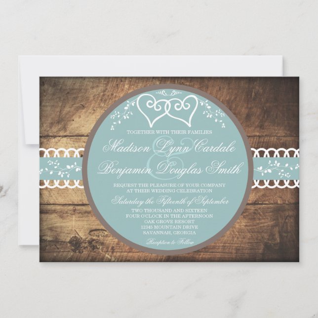 Two Hearts Rustic Wood Blue Wedding Invitations (Front)