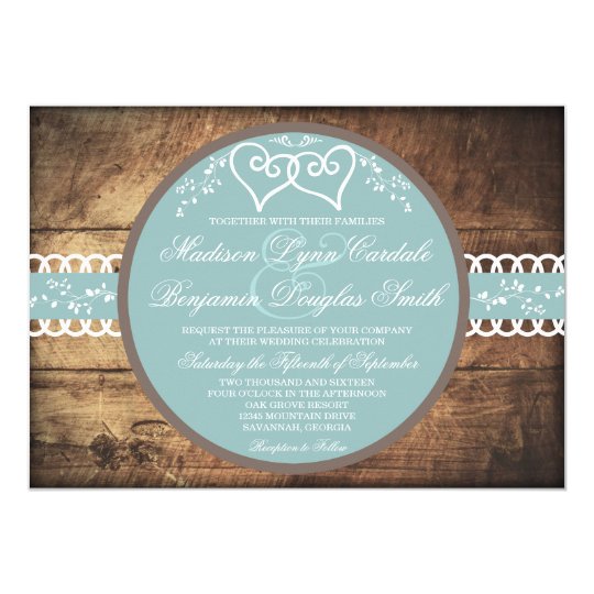 Two Hearts Rustic Wood Blue Wedding Invitations