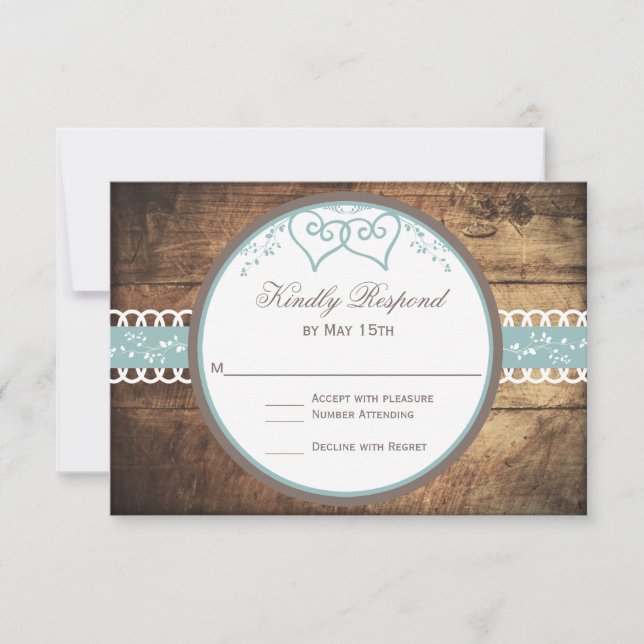 Two Hearts Rustic Wood Lace Wedding RSVP Cards (Front)