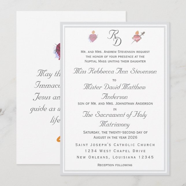 Two Hearts Silver Catholic Wedding Invitation (Front/Back)