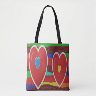 Two hearts stripes and text tote bag