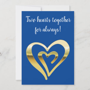 Two hearts together faux metallic gold blue holiday card
