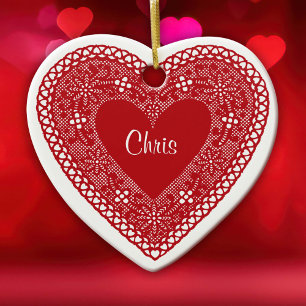 Two Hearts Vintage Lace  Ceramic Tree Decoration