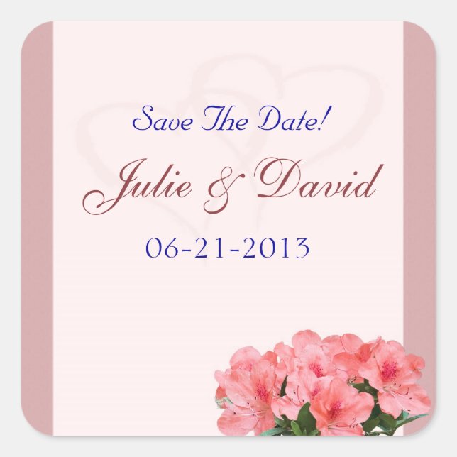 Two Hearts with Pink Border Save The Date Wedding Square Sticker (Front)