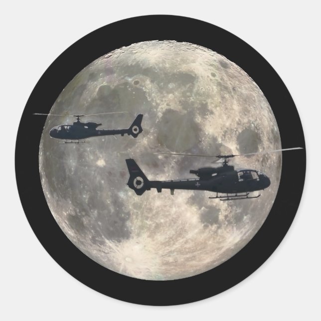 two helicopters silhouetted by a full moon classic round sticker (Front)
