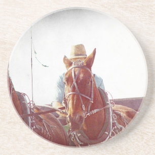 Two Horse Amish Team Faux Vintage Coaster