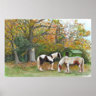 Two horses and a gypsy wagon - Canvas print