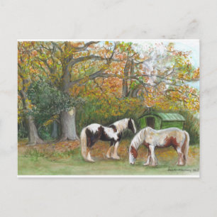 Two horses and a gypsy wagon - Postcard