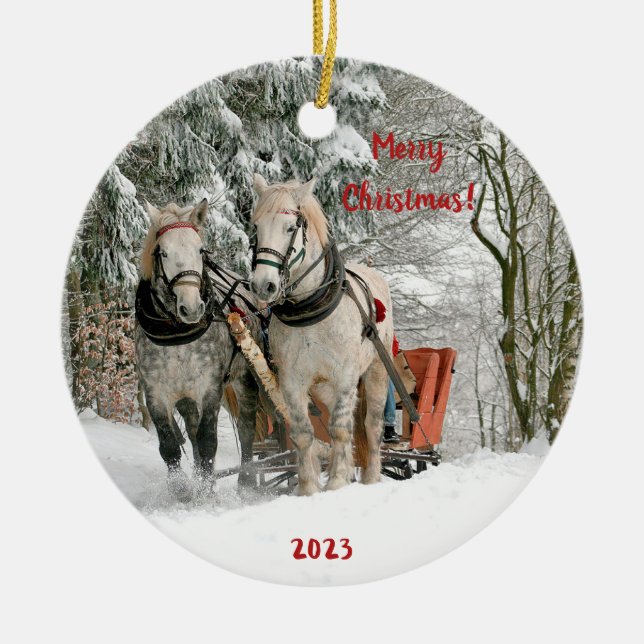 Two Horses and Sleigh in the Snow Ceramic Ornament (Front)