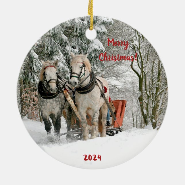 Two Horses and Sleigh in the Snow Ceramic Ornament (Back)