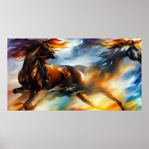 Two horses galloping modern abstract art poster