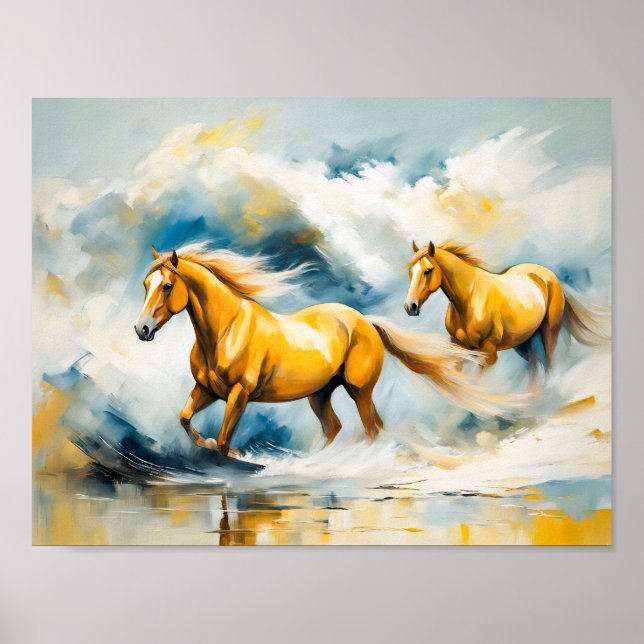 Two Horses Galloping Through Shallow Water Poster (Front)