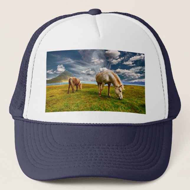 Two Horses Grazing in Pasture Trucker Hat (Front)