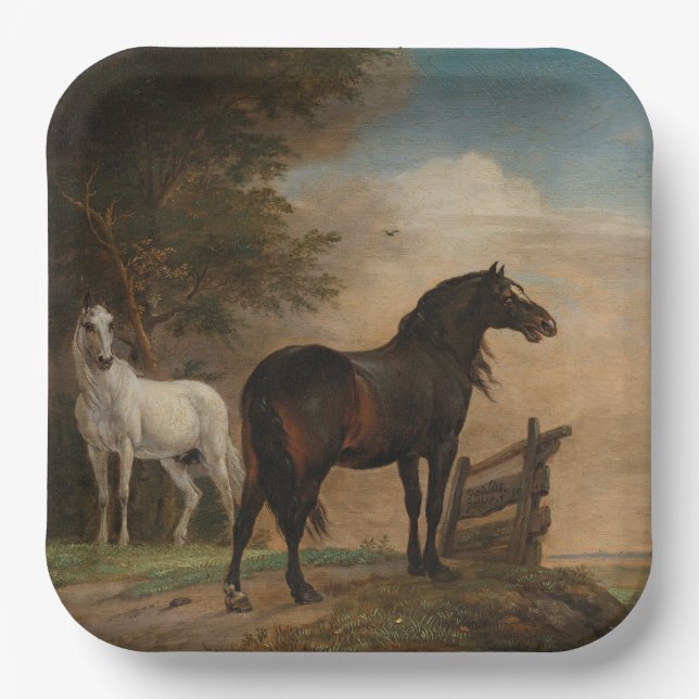 Two Horses in a Meadow Near a Gate (Paulus Potter) Paper Plate (Front)