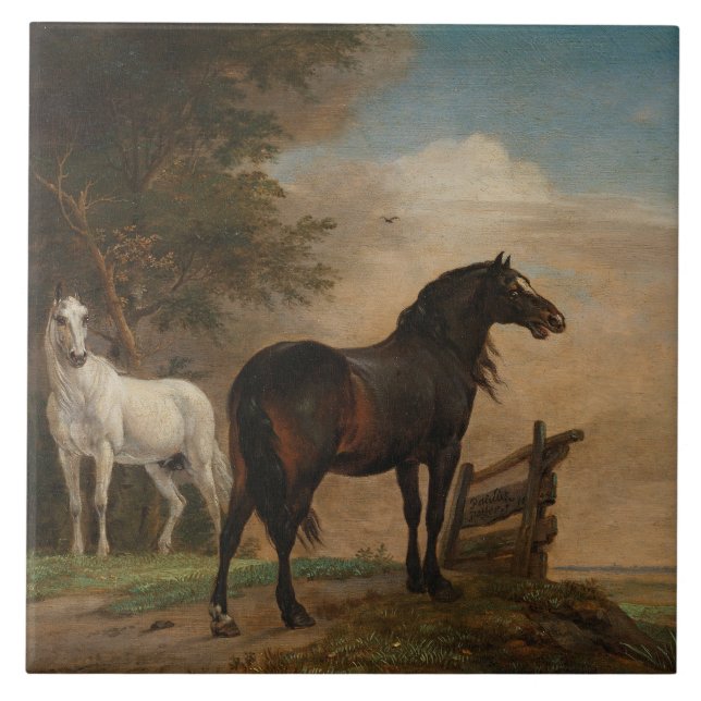 Two Horses in a Meadow Near a Gate (Paulus Potter) Tile (Front)