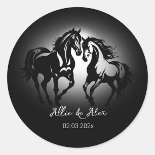 Two horses in love black white horse lover couple classic round sticker